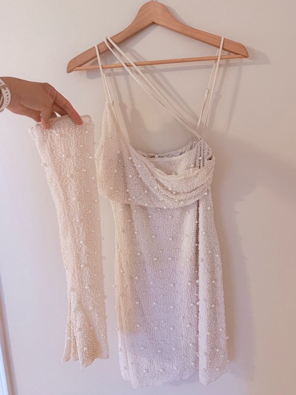 OH POLLY • Cream Pearl-Embellished Mini Dress w/ Detached Sleeves